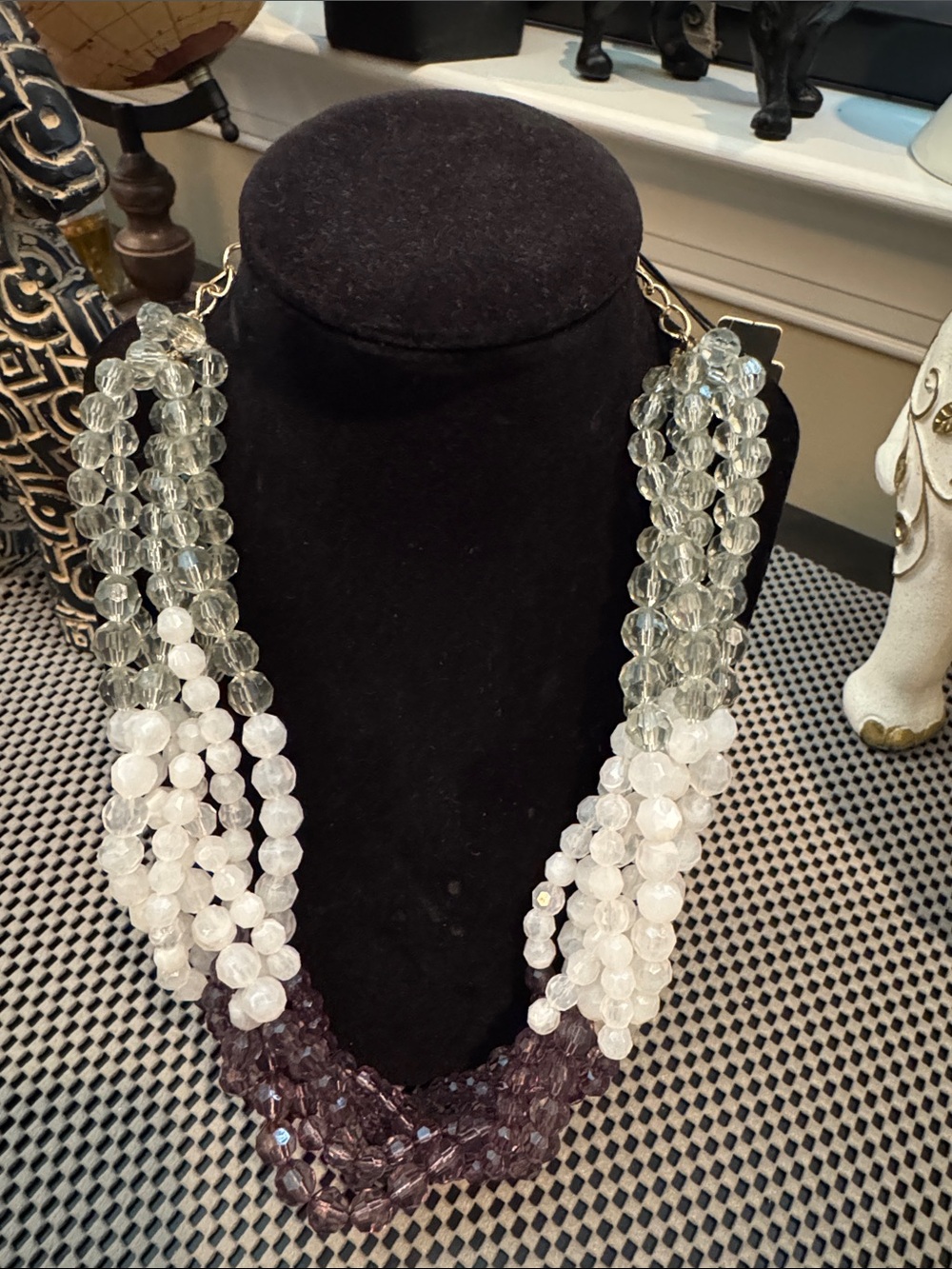 Multistrand Crystal Bead Necklace - White, Clear & Dark Purple.